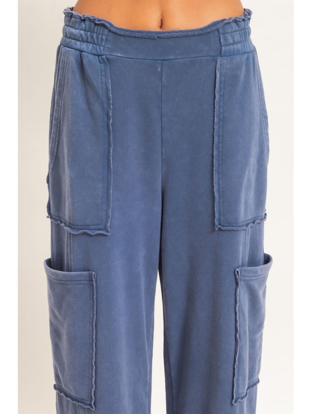 CloudDwellers Navy Blue Mineral Washed Cotton Blend Wide Leg Cargo Sweatpants - Picture 2 of 5